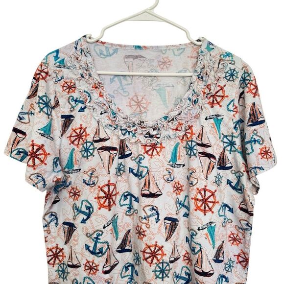 SUN BAY Womens XL Nautical Boat Anchor Print Cotton Short Sleeve Ruffle Neck Top - Picture 3 of 5